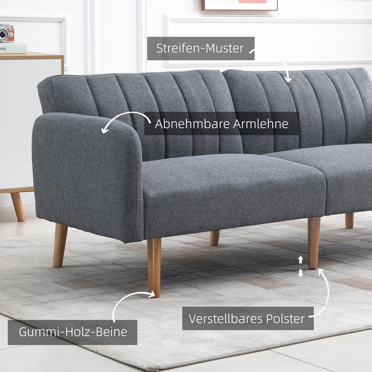 Slaapbank – Uitklapbare Sofa – Bedbank – Stofbank – Tweezitsbank – Verstelbare Rugleuning – Linnenlook Polyester – Rubberenhouten Poten – 173x75x73 cm – Comfortabel & Stabiel