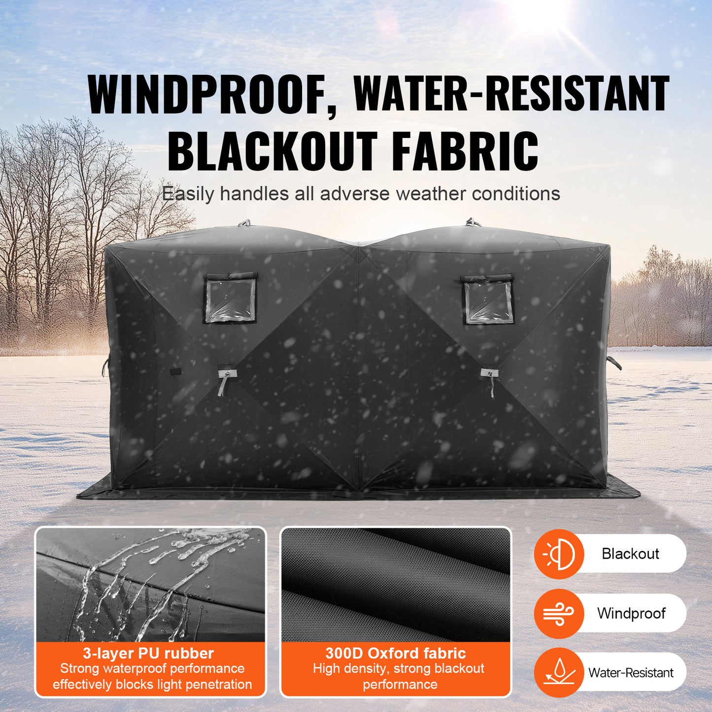 IJsvisserstent – IJshut – Vistuinhuis – Schuilhut – Vis Shelter – Zwart – Pop-up Tent – 6-8 Personen – Waterdicht 300D Oxford Polyester – Inclusief 12 IJsankers en 6 Windlijnen