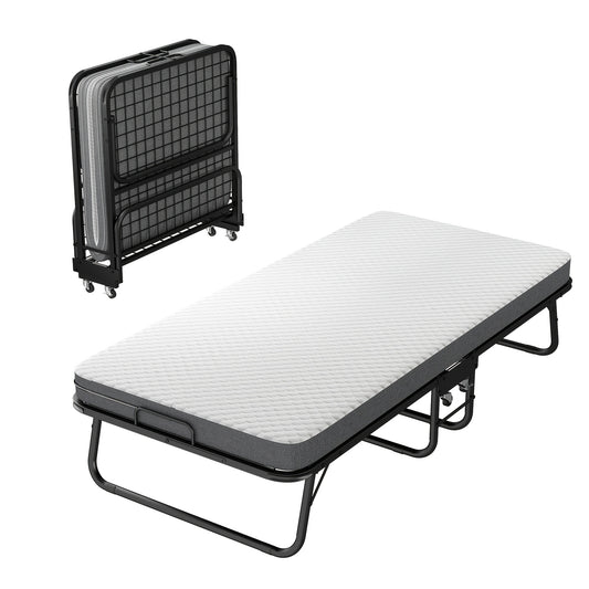 Opvouwbaarbed – Logeerbed – Vouwbed – Bedbank – Slaapbank – Zwart Metalen Frame – 90x190 cm – 10 cm Traagschuim Matras – 4 Zwenkwieltjes