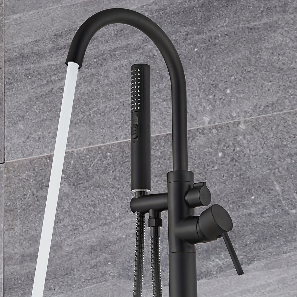 Vrijstaande Badkraan – Vrijstaand Badmengkraan – Badmengkraan Met Handdouche – Vloerkraan – Waterval Badkraan – Matte Zwarte Afwerking – Messing – 110 cm