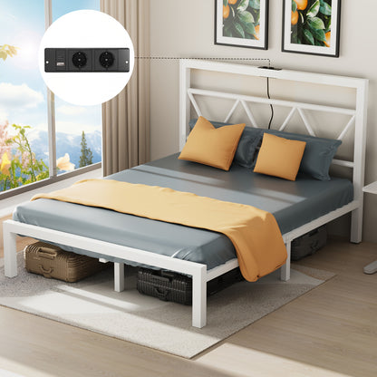 140x200 cm Eenpersoonsbed Frame met Oplaadstation – Metalen Platformbed met Hoofdeinde – Wit, Modern en Minimalistisch