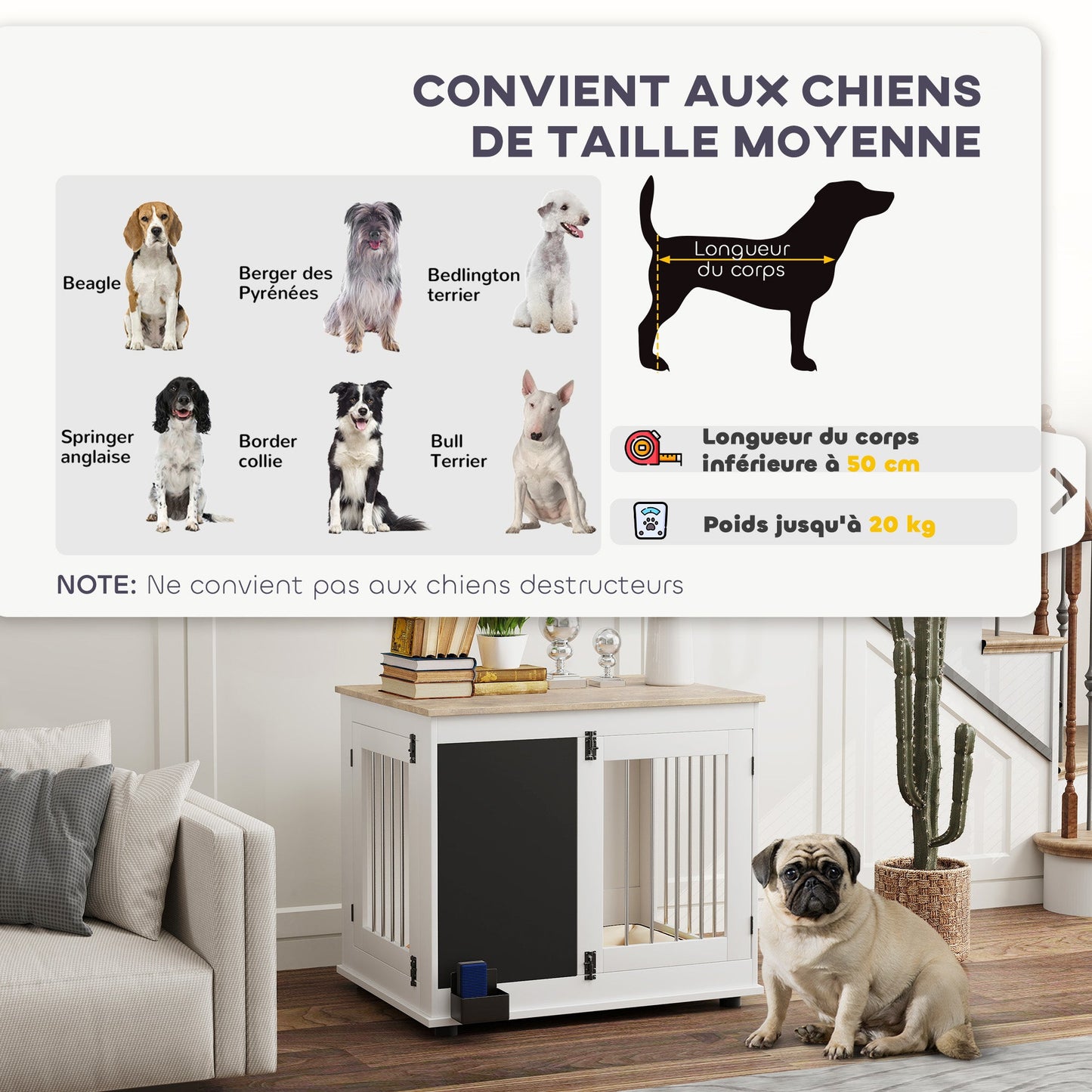 Hondenbench – Hondenkooi – Mand – Hondenhok – Binnenkennel – Middelgrote Hond – Drie Deuren – Multifunctionele Bijzettafel – Wit – 80x60x70 cm – Met Krijtbord