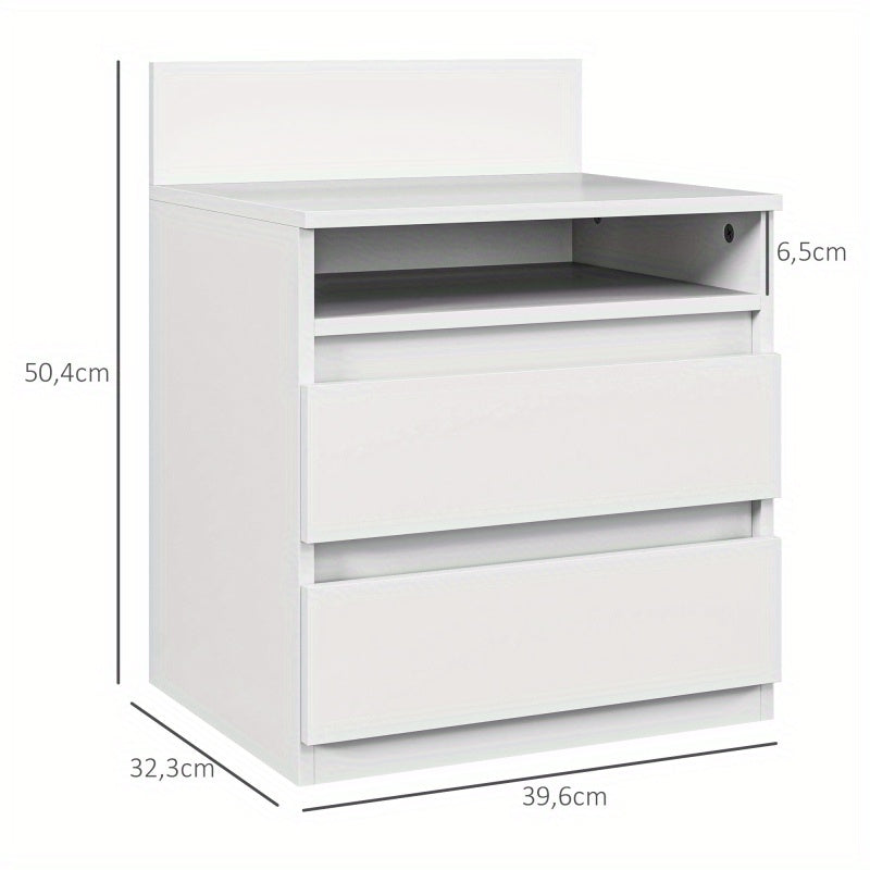 Nachtkastje – Bijzettafel – Bedside Table – Ladekast – Opbergkast – Set van 2 – Wit – 2 Lades en Open Plank – Compact 40x32x50 cm