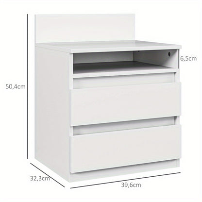 Nachtkastje – Bijzettafel – Bedside Table – Ladekast – Opbergkast – Set van 2 – Wit – 2 Lades en Open Plank – Compact 40x32x50 cm