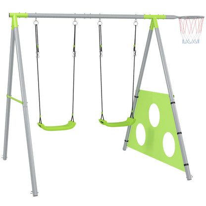 Swing Set for , 2 Swing Seats, 1 Basketball Hoop, 1 Soccer Goal, Metal Frame, Green, ' Play Equipment, ' Playground, Interactive Play Set, Fun Play Equipment, Weatherresistant Material, Safe For, Play Equipment, Sports Play S