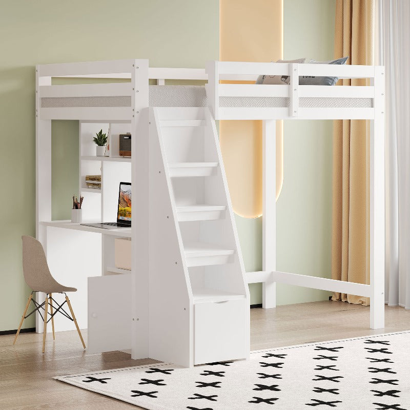 Hoogslaper – Stapelbed – Bedbank – Kinderbed – Eenpersoonsbed – Met Bureau en Opbergruimte – Stevig Wit Frame – 200 cm Hoog