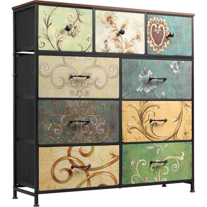 Commode – Ladekast – Dressoir – Kast – Opberger – Retro Patroon – 7 Stoffen Lades – Metaal Frame Met Houten Blad