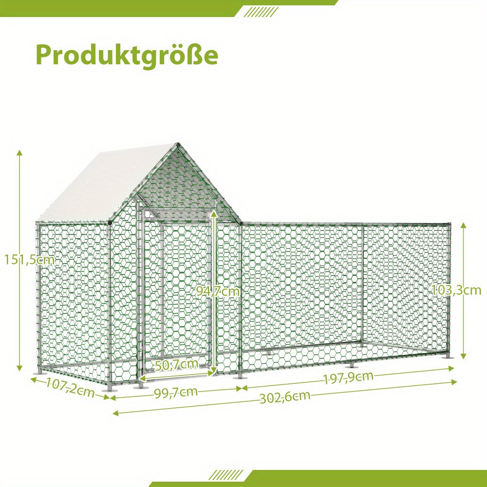 Kippenren – Dierenren – Kippenhok – Konijnenren – Buitenren – Met PE Cover – Veiligheidssluiting – 300x152x107 cm – Stevig Metalen Hekwerk