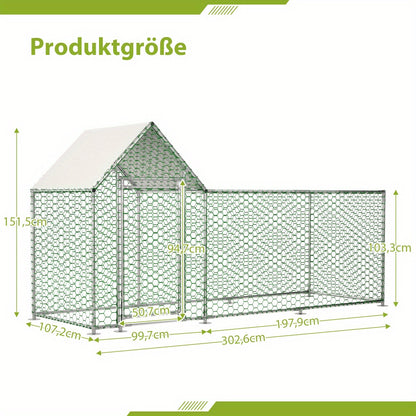 Kippenren – Dierenren – Kippenhok – Konijnenren – Buitenren – Met PE Cover – Veiligheidssluiting – 300x152x107 cm – Stevig Metalen Hekwerk