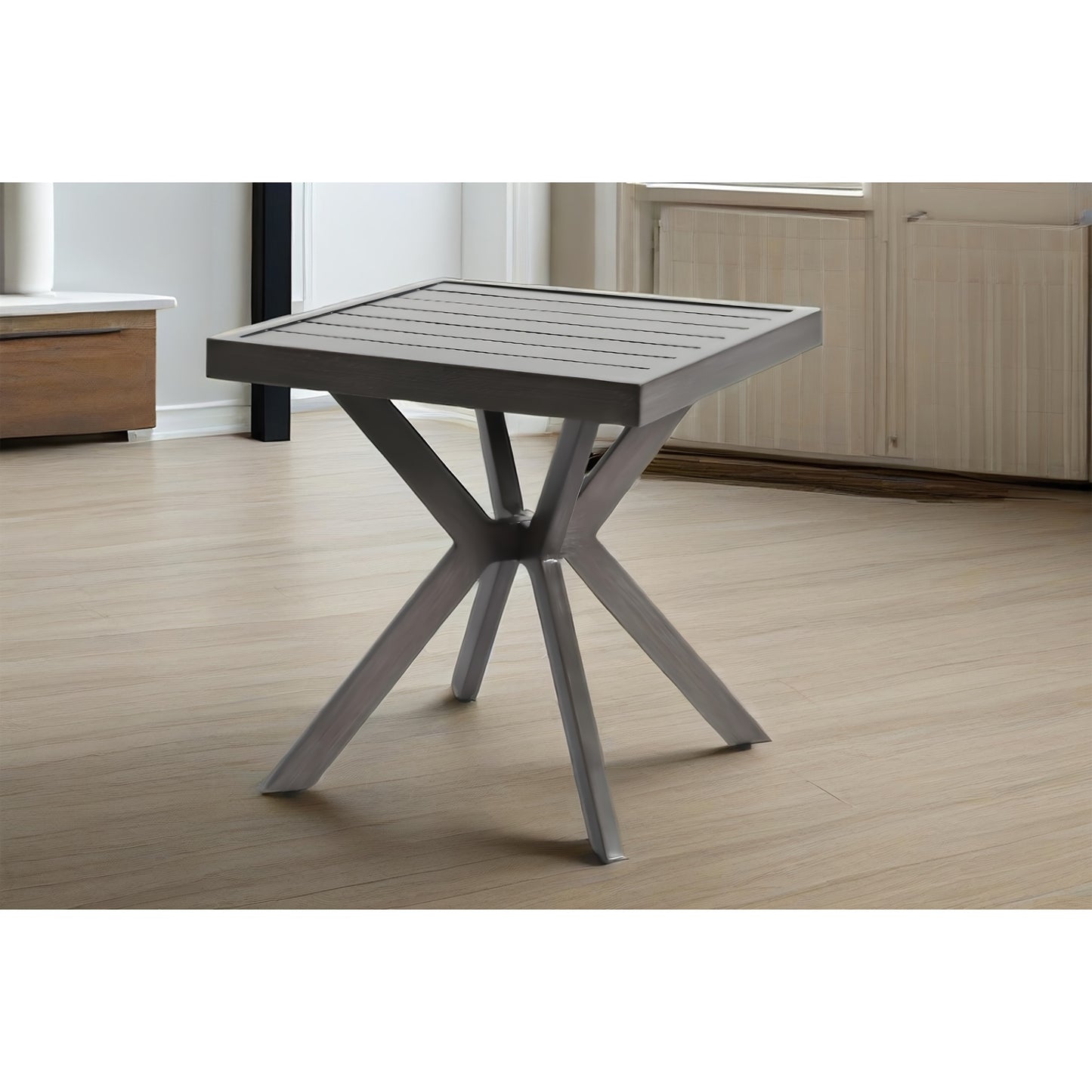 Bijzettafel – Sidetable – Salontafel – Banktafel – Nachtkastje – Weerbestendig Aluminium – Donkergrijs – Vierkant – Modern X-poot – Voor Binnen en Buiten