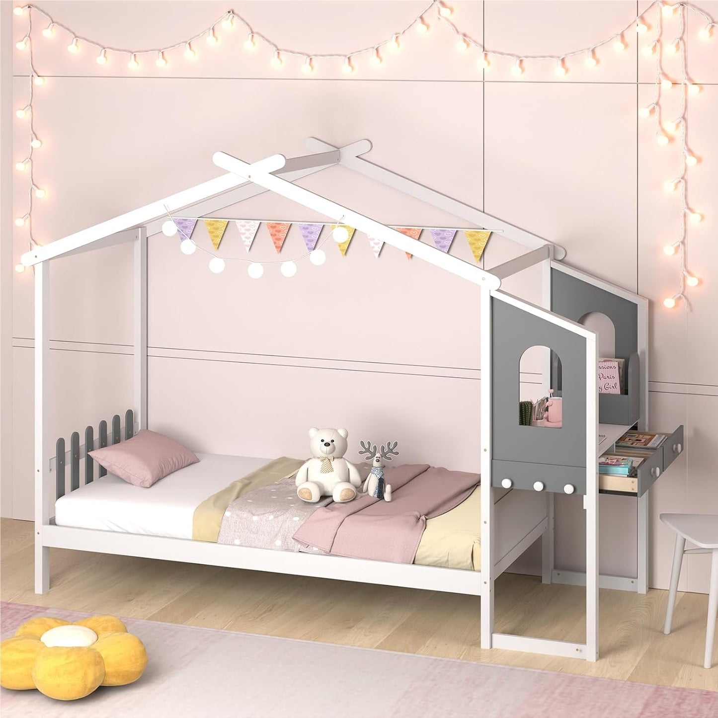 Huisbed – Kinderbed – Jeugdbed – Bed met Bureau – Bed met Laden – 90x200 cm – Houten Frame – Wit met Grijs