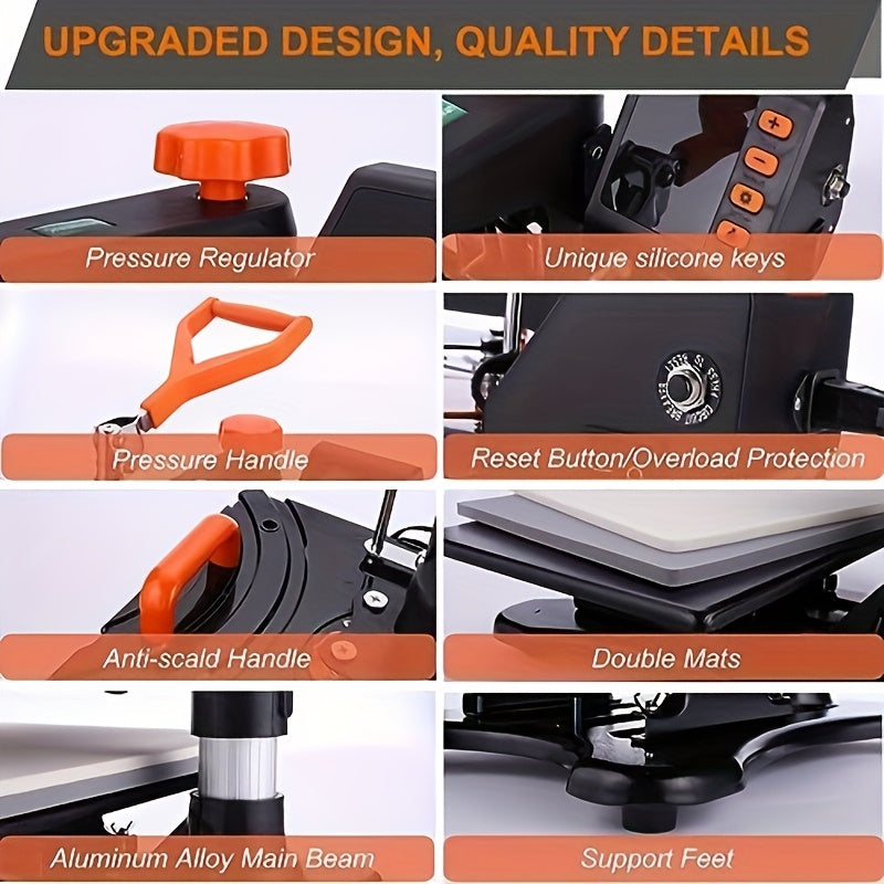 8-in-1 Digital Heat Press Machine Combo for T-Shirts, Caps & Mugs - 360° Swing Away Dual-Tube Heating, 30.48x38.1 cm Sublimation Area, Includes Accessories for DIY Projects, Black & Orange Design, Heat Press Transfer Designs