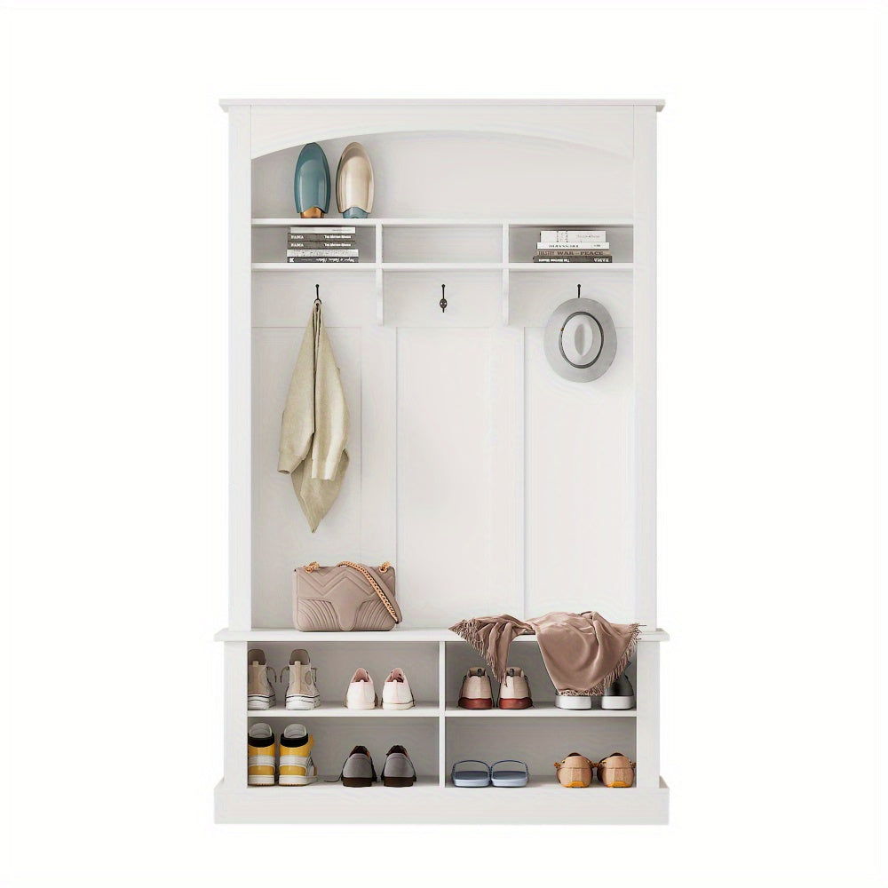Halbankje – Halmeubel – Schoenenbank – Opbergbankje – Gangbank – Multifunctionele Opbergruimte – 3 Haakjes – Wit – H190 x B120 x D40 cm