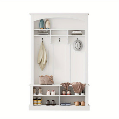 Halbankje – Halmeubel – Schoenenbank – Opbergbankje – Gangbank – Multifunctionele Opbergruimte – 3 Haakjes – Wit – H190 x B120 x D40 cm