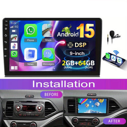 Android Autoradio – Auto Multimedia Speler – Inbouw Navigatie Systeem – Touchscreen Radio – Bluetooth Audio – 9 Inch HD IPS Scherm – Android 15.0 Met 2GB RAM en 64GB Opslag – Draadloze CarPlay & AHD Achteruitrijcamera