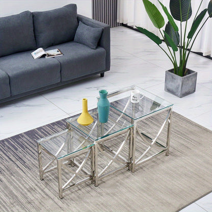 Bijzettafels – Salontafels – Zijkanttafel – Koffietafel – Woonkamertafel – Set van 3 – Geharde Glasbladen – Roestvrijstalen Frame