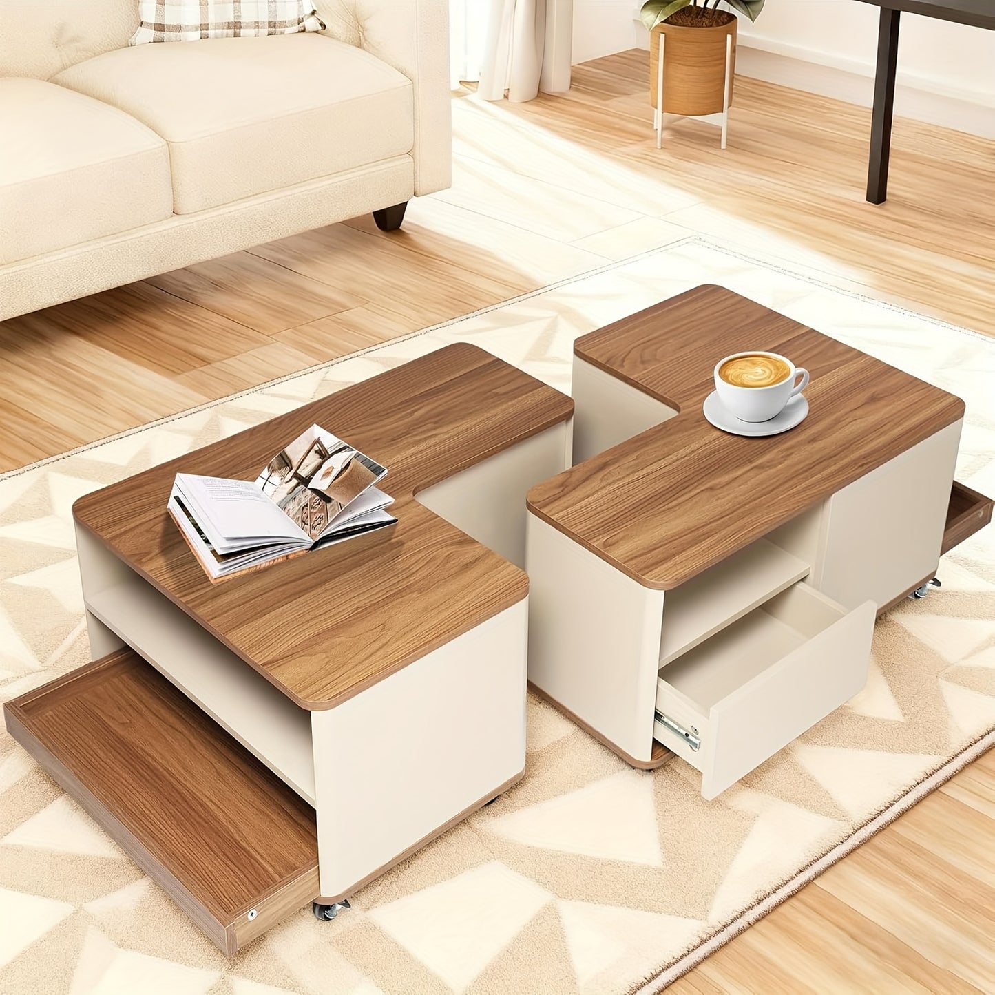 Salontafel – Woonkamertafel – Koffietafel – Bijzettafel – Tafeltje – Modern Bruin – Met Wieltjes & 2 Laden – Duurzaam Hout – Uitbreidbaar & Compact