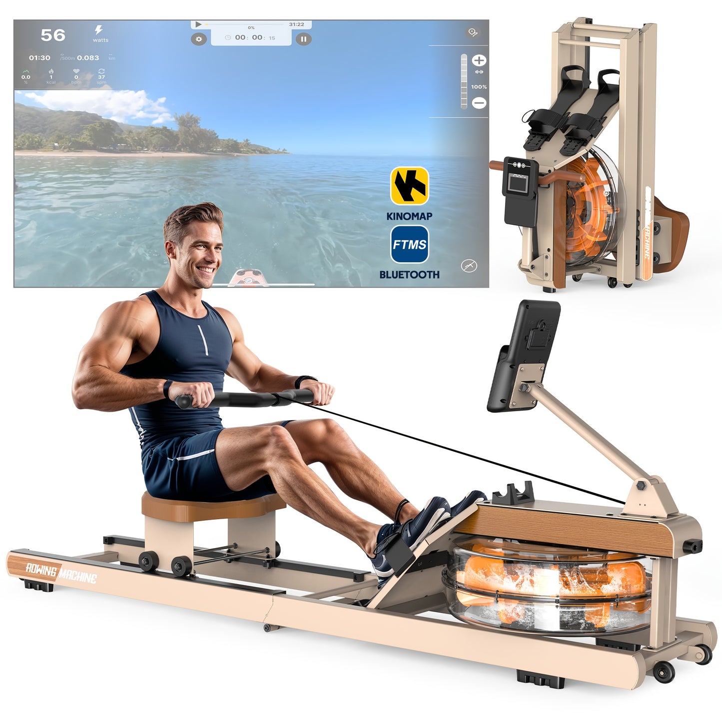 Roeimachine voor Thuis – Waterroeimachine – Vouwbare Roeitrainer – Fitnessapparaat – Roeimachine Water – Voorzien van Verstelbare Tablet Houder – Draagvermogen 160 kg