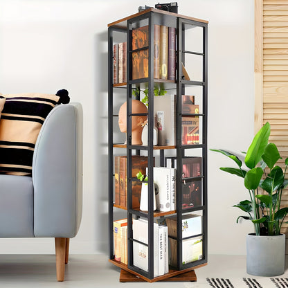 Draaibare Boekenkast – Boekenrek – Vakkenkast – Opbergkast – Plank – Zwart + Bruin – 5 Laags Met 360° Draaifunctie – Stevig MDF En Metaal – Compact En Vrijstaand Ontwerp