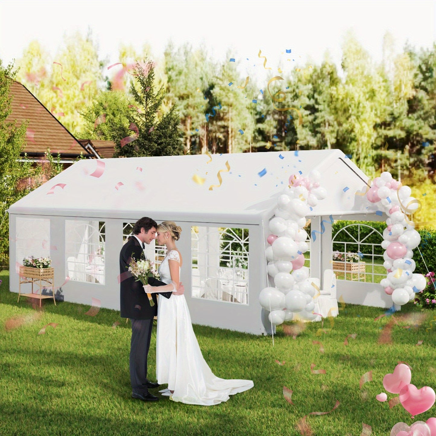 4x8m Large White Outdoor Party Tent with PE Roof & Side Panels/Windows - Heavy-Duty Galvanized Frame Wedding/Garden Event Canopy, -Free Assembly, Semi-Permanent Event Suitable for Weddings, Parties, BBQs