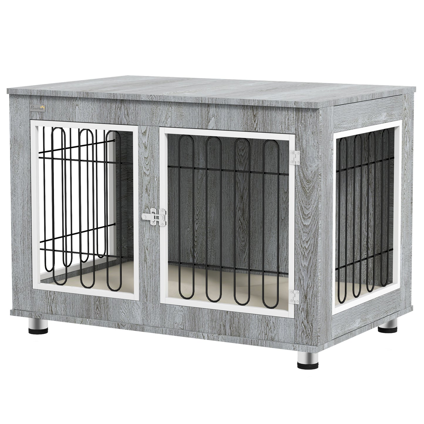 Hondenbench – Hondenkennel – Hondenkooi – Hondenkooi Bench – Hondenbench Met Kussen – Grijs – 2 Dubbele Sloten – Afneembaar Wasbaar Kussen – 90x58x65 cm
