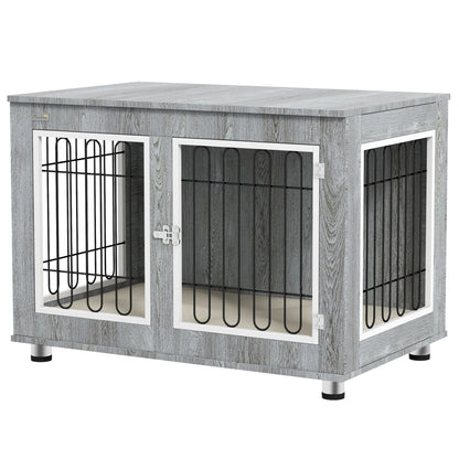 Hondenbench – Hondenkennel – Hondenkooi – Hondenkooi Bench – Hondenbench Met Kussen – Grijs – 2 Dubbele Sloten – Afneembaar Wasbaar Kussen – 90x58x65 cm