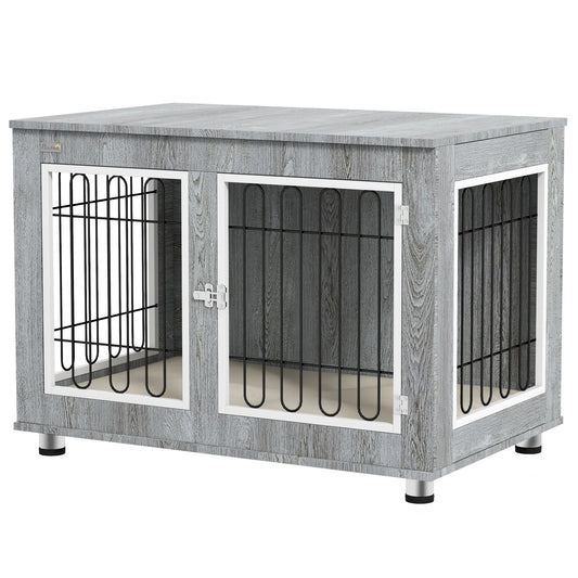 Hondenbench – Hondenbox – Hondenkooi – Hondenmand – Hondenhok – Grijs – Wasbaar Kussen – Twee Deuren Met Sloten – 90x58x65 cm – Stevige Constructie