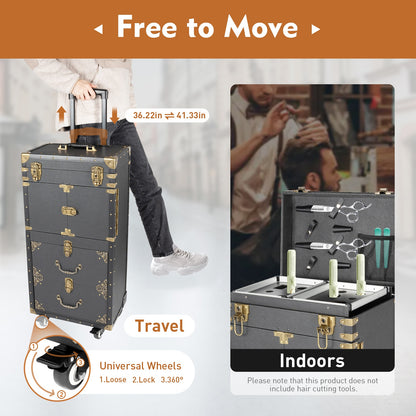 Rolling Makeup Train Case – Koffer, Organizer, Make-up Trolley, Beauty Koffer – Zwart – Met Slot, Haarföhnhouder – Stevig PU Materiaal, 3 Vaks Indeling