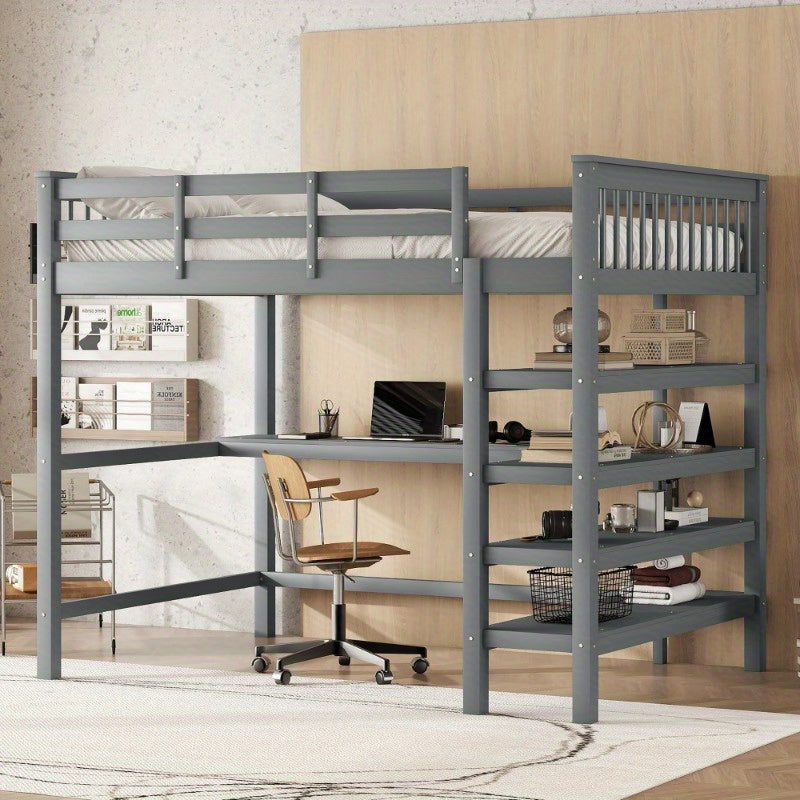 Hoogslaper – Stapelbed – Bed met Opbergruimte – Bedbank – Studentenkamerbed – 140x200 cm – Met Bureau en Metalen Frame – Grijs