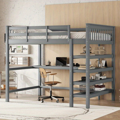 Hoogslaper – Stapelbed – Bed met Opbergruimte – Bedbank – Studentenkamerbed – 140x200 cm – Met Bureau en Metalen Frame – Grijs