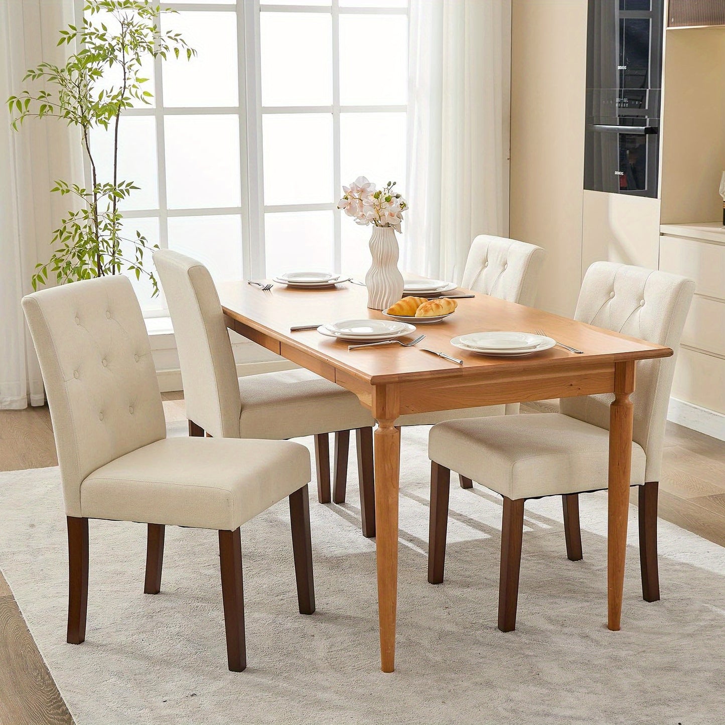 Eetkamerstoelen – Stoelen – Dining Chairs – Keukenstoelen – Zitmeubels – Beige Set van 2 – Stevig Houten Frame – Comfortabele Gevoerde Zitting