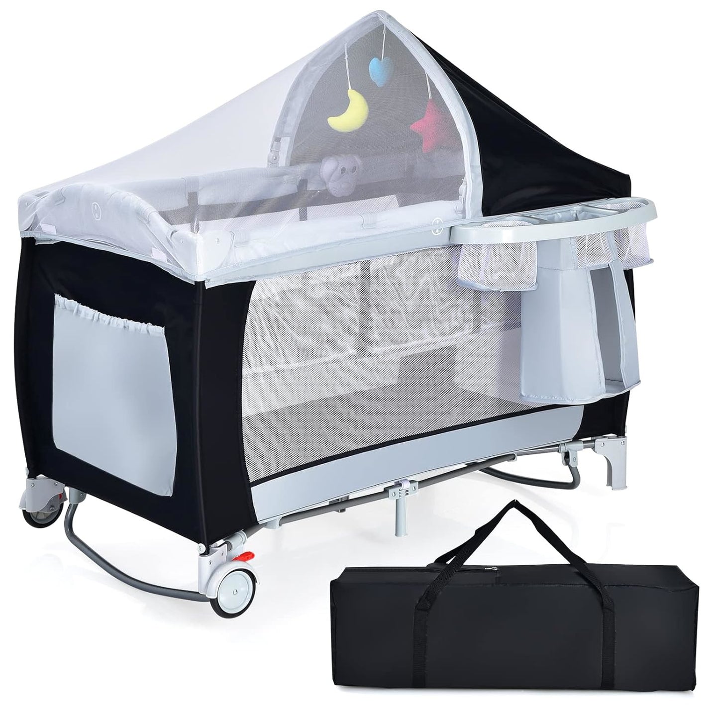 Reiswieg – Reisledikant – Babybed – Draagbaar Bedje – Reisbed – Twee-Laags Ontwerp – Inclusief Klamboe – Vergrendelbare Wielen
