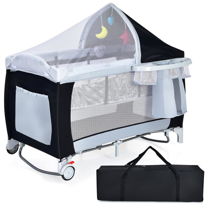 Reiswieg – Reisledikant – Babybed – Draagbaar Bedje – Reisbed – Twee-Laags Ontwerp – Inclusief Klamboe – Vergrendelbare Wielen