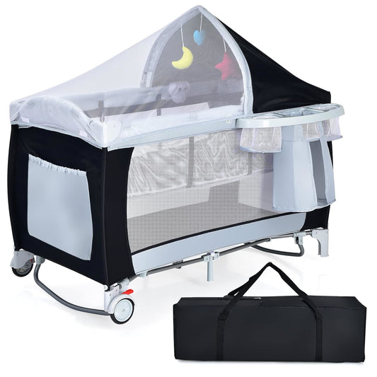 Reiswieg – Reisledikant – Babybed – Draagbaar Bedje – Reisbed – Twee-Laags Ontwerp – Inclusief Klamboe – Vergrendelbare Wielen