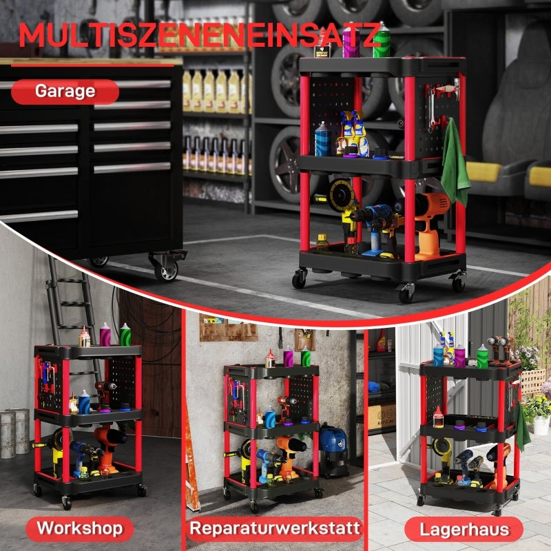 Opbergwagen – Gereedschapswagen – Werkplaatskar – Mobiele Opbergkar – Zwarte Opbergwagen – 3-laags Met Verstelbare Vakken – 91 kg Draagvermogen Met Remmen