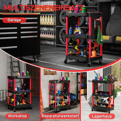 Opbergwagen – Gereedschapswagen – Werkplaatskar – Mobiele Opbergkar – Zwarte Opbergwagen – 3-laags Met Verstelbare Vakken – 91 kg Draagvermogen Met Remmen
