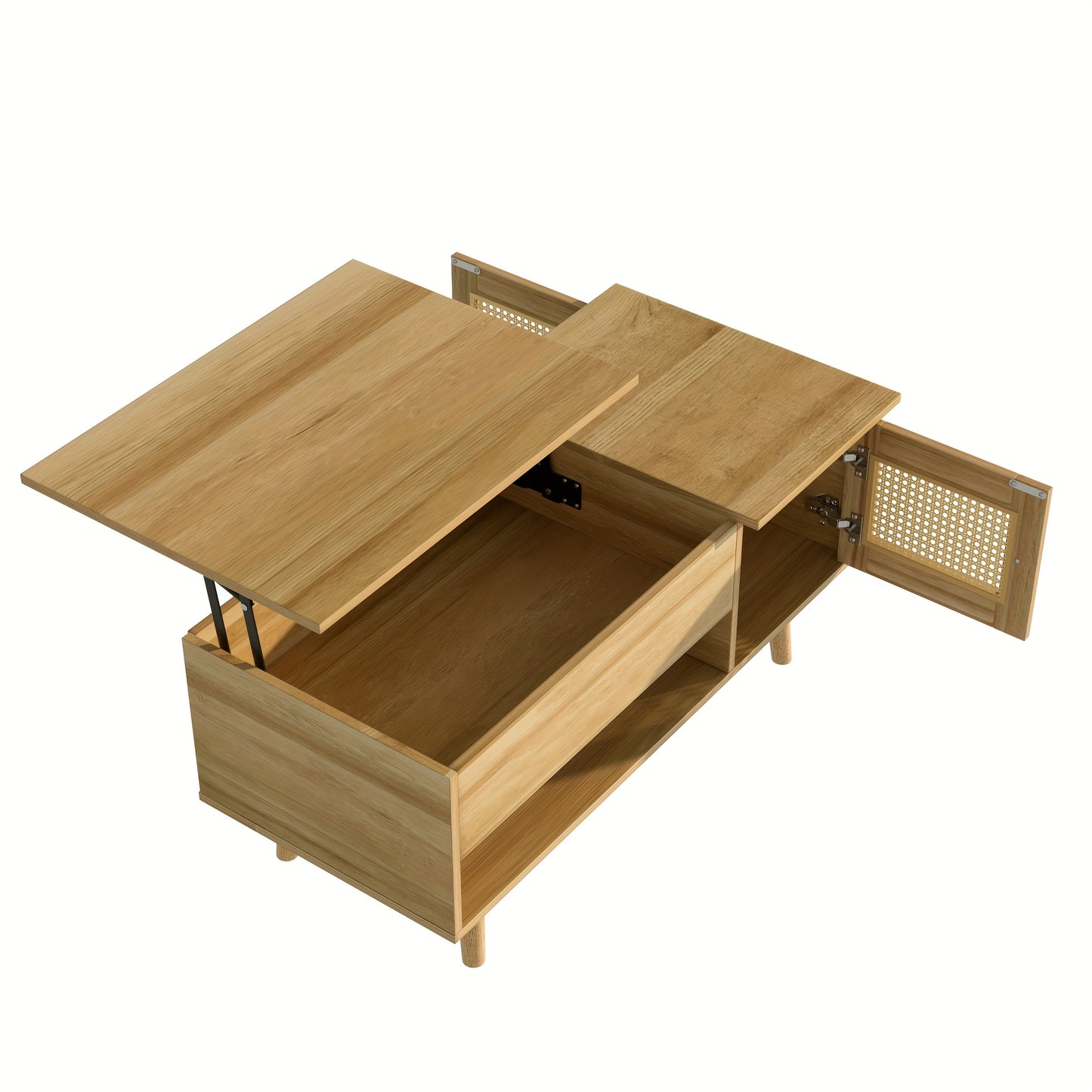 Modern Space-Saving Wooden Coffee Table with Adjustable Tabletop & Rattan Door Storage - Black Accent Legs, Engineered Wood & Hardwood Frame, Easy Assembly Living Room Furniture, Coffee Table for Living Room