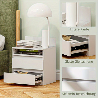 Nachtkastje – Bijzettafel – Bedside Table – Ladekast – Opbergkast – Set van 2 – Wit – 2 Lades en Open Plank – Compact 40x32x50 cm