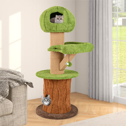 Kattenboom – Krabpaal – Klimmeubel – Kattenhuis – Kattenklimtoestel – Met Kattenholte en Speelballen – Stevig Houten Frame met Sisal Krablaag – Afmeting 60x60x148 cm – Bruin Groen Natuurlijk