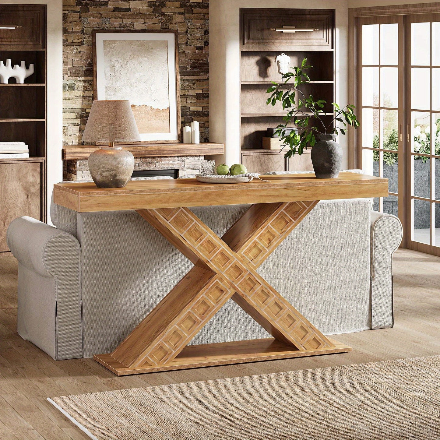55 Inch Sidetable – Console Tafel – Halmeubel – Foyertafel – Smalle Tafel – X-Vormige Houten Basis – Robuust 2,95 Inch Dikte – 200 Kg Draagkracht