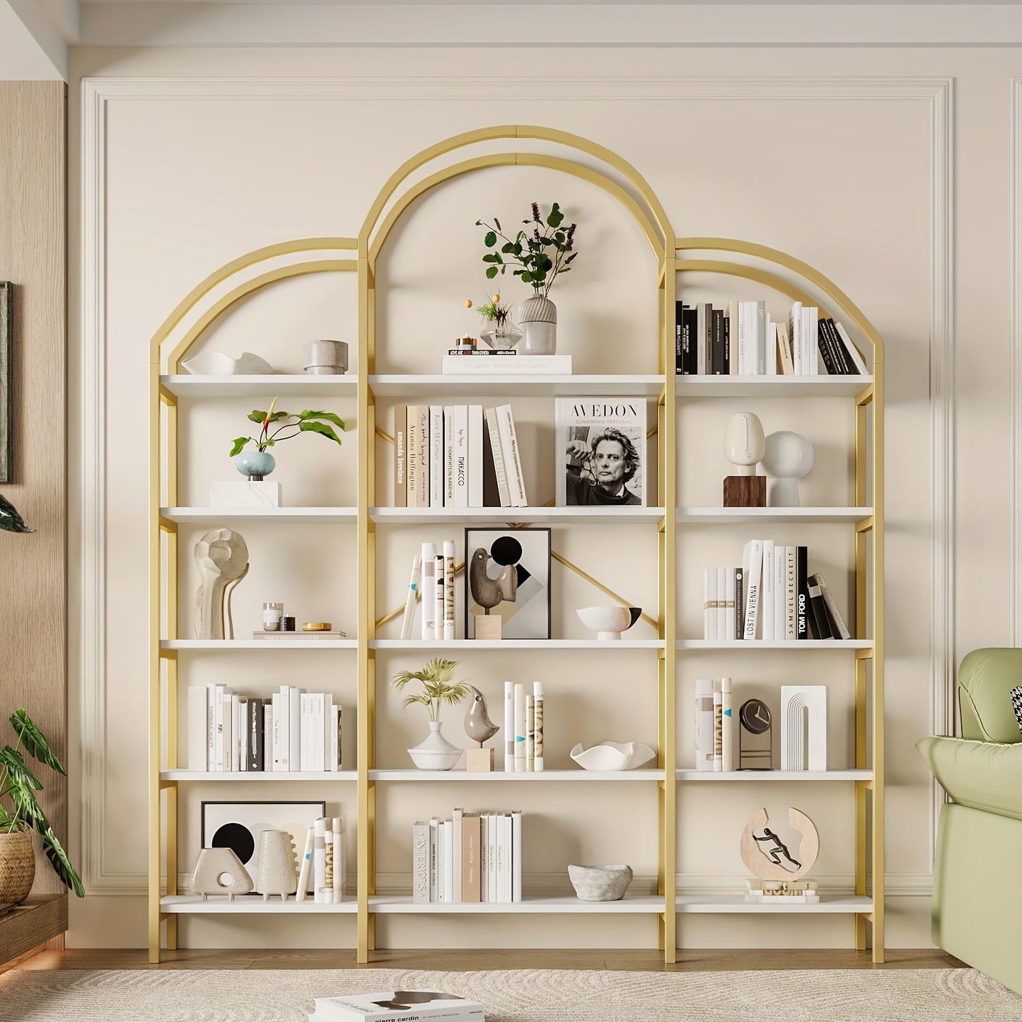 170 X 26 X 190cm Stylish Shelf, Tubular Steel MDF Material, Five Storage Levels, Unique Cloud Shape, Easy to Assemble And Clean, Golden + White, Standing Shelf