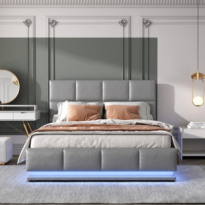 YCZ Upholstered Bed, Double Bed, Fabric Upholstered Bed with Storage Space, Hydraulic Box Spring Bed with LED Lighting and Slatted Base