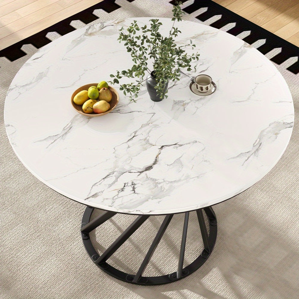 Ronde Eettafel – Ronde Tafel – Uitklapbare Tafel – Keukentafel – Koffietafel – Wit Marmerblad – Zwart Metalen Poten – Uitbreidbaar – 80×80×76 cm