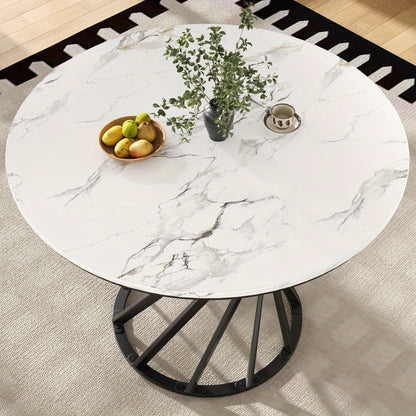 Ronde Eettafel – Ronde Tafel – Uitklapbare Tafel – Keukentafel – Koffietafel – Wit Marmerblad – Zwart Metalen Poten – Uitbreidbaar – 80×80×76 cm