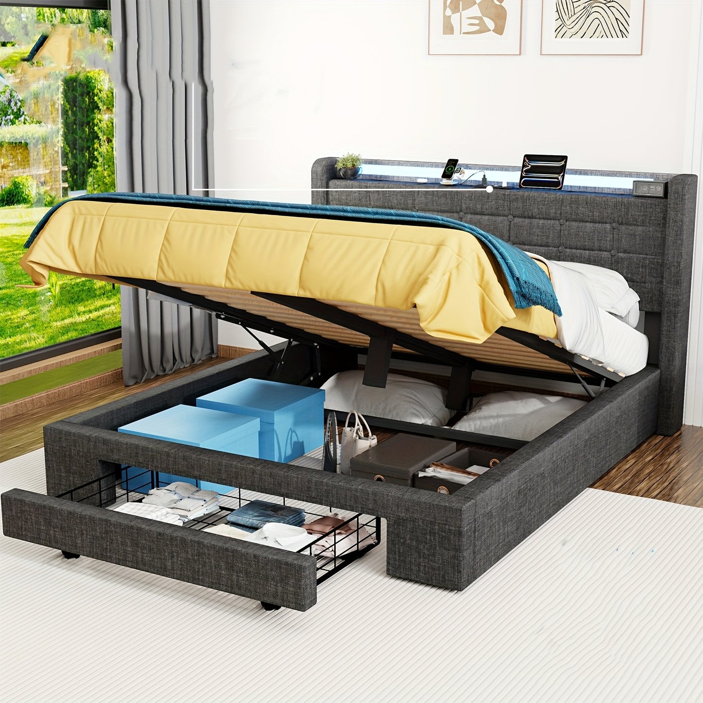 Modern Gestoffeerd Bed – Bedframe – Slaapbed – Opbergbed – Queensize Bed – Hydraulische Lift – LED-Verlichting – 140x200 cm – Grijs Linnen – MDF Frame