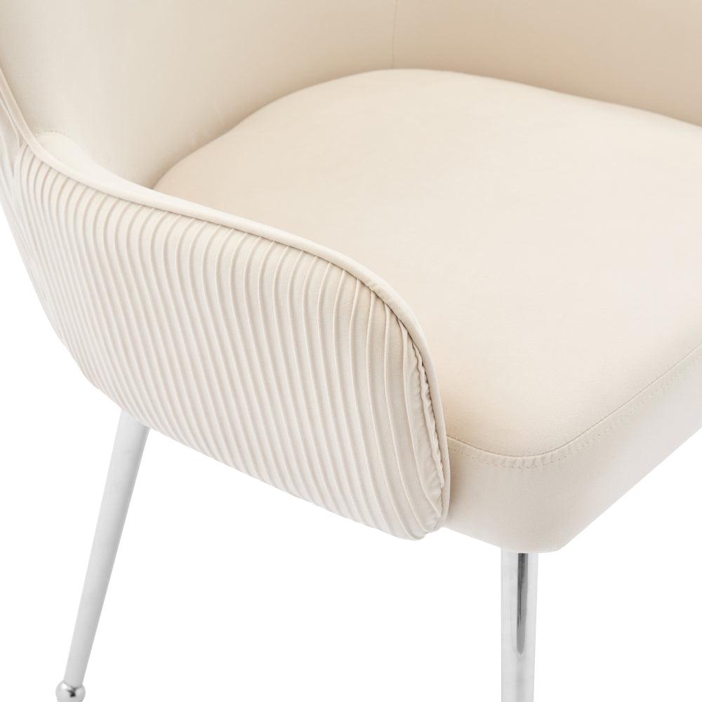 Velvet Dining Chair, Two Piece, Deluxe Model, Suitable for Living Room, Bedroom, Lounge Chair with Four Silvery Metal Legs with Armrests and Adjustable Feet, Lumbar Support Design, Beige, Bedroom Seating, Elegant Seating, Sty
