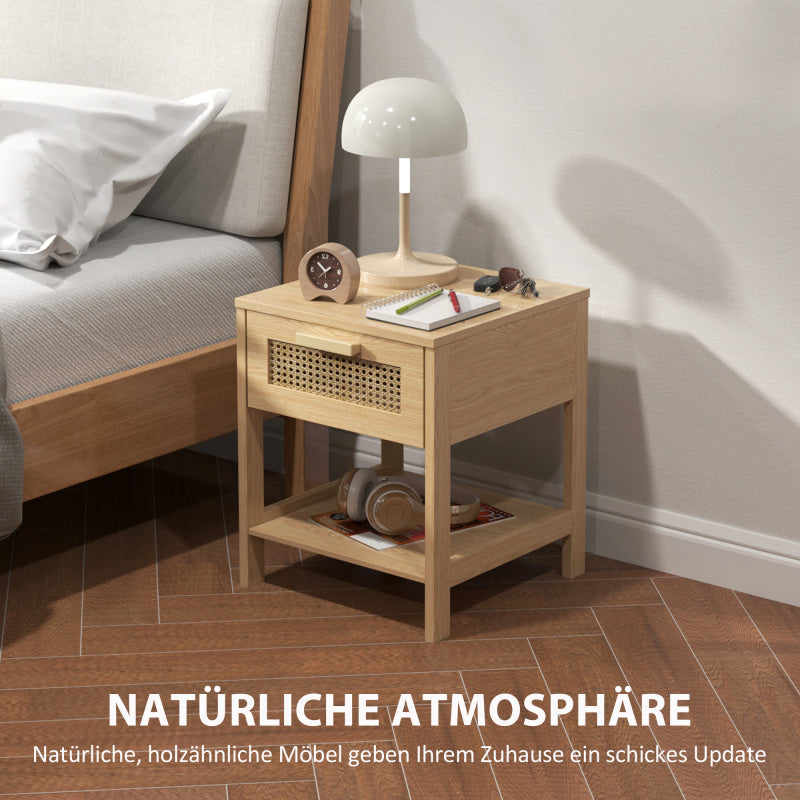 Nachtkastje – Nachtkastjes – Bijzettafel – Ladekast – Bedtafeltje – Natuurlijk Rattan Design – Compact 40x40x48,4 CM Met Lade en Open Plank