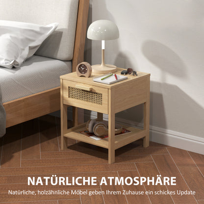Nachtkastje – Nachtkastjes – Bijzettafel – Ladekast – Bedtafeltje – Natuurlijk Rattan Design – Compact 40x40x48,4 CM Met Lade en Open Plank