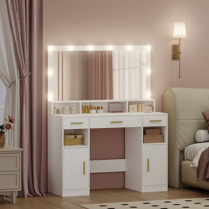 Kaptafel – Make-uptafel – Toiletmeubel – Schminktafel – Slaapkamermeubel – Wit – Groot Spiegeloppervlak – Veel Opbergruimte met 3 Lades en 2 Kasten