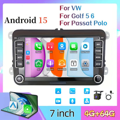 Android 15 Autostereo – Multimedia Systeem – Autoradio – Navigatie – Touchscreen Radio – 7 Inch HD IPS Scherm – 4GB RAM + 64GB Opslag – Draadloze Android Auto en CarPlay – Stuurwielbediening Compatible VW/Seat/Skoda